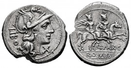 Marcius. Q. Marcius Libo. Denarius. 148 BC. Rome. (Ffc-848). (Craw-215/1). (Cal-932). Anv.: Head of Roma right, X below chin, LIBO behind. Rev.: The D...