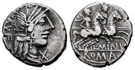 Minucius. Q. Minucius Rufus. Denarius. 122 BC. Auxiliary mint of Rome. (Ffc-920). (Craw-277/1). (Cal-1022). Anv.: Head of Roma right, X beneath chin. ...