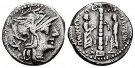 Minucius. Ti. Minucius Augurinus. Denarius. 134 BC. Rome. (Ffc-925). (Craw-243/1). (Cal-1026). Anv.: Head of Roma right, X (rarely X) behind. Rev.: RO...