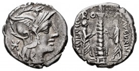 Minucius. Ti. Minucius Augurinus. Denarius. 134 BC. Rome. (Ffc-927). (Craw-248/1v). (Cal-1028). Anv.: Head of Roma right, X behind. Rev.: ROMA above d...