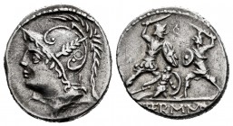 Minucius. Q. Minucius Thermus M.f. Denarius. 103 BC. Rome. (Ffc-928). (Craw-319/1). (Cal-1029). Anv.: Head of Mars left. Rev.: Two warriors fighting, ...