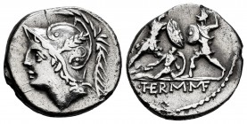 Minucius. Q. Minucius Thermus M.f. Denarius. 103 BC. Rome. (Ffc-928). (Craw-319/1). (Cal-1029). Anv.: Head of Mars left. Rev.: Two warriors fighting, ...