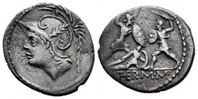 Minucius. Q. Minucius Thermus M.f. Denarius. 103 BC. Rome. (Ffc-928). (Craw-319/1). (Cal-1029). Anv.: Head of Mars left. Rev.: Two warriors fighting, ...