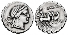 Naevius. C. Naevius Balbus. Denarius. 79 BC. Auxiliary mint of Rome. (Ffc-937). (Craw-no cita). (Cal-1041). Anv.: Diademed head of Venus right, S.C. b...