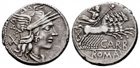 Papirius. Papirius Carbo. Denarius. 122 BC. Auxiliary mint of Rome. (Ffc-958). (Craw-279/1). (Cal-1062). Anv.: Head of Roma right, X behind. Rev.: Jup...