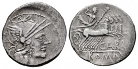 Papirius. Papirius Carbo. Denarius. 122 BC. Auxiliary mint of Rome. (Ffc-958). (Craw-279/1). (Cal-1062). Anv.: Head of Roma right, X behind. Rev.: Jup...