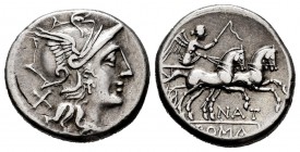 Pinarius. Pinarius Natta. Denarius. 155 BC. Rome. (Ffc-964). (Craw-200/1). (Cal-1091). Anv.: Head of Roma right, X behind. Rev.: Victory in biga right...