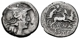 Pinarius. Pinarius Natta. Denarius. 155 BC. Rome. (Ffc-964). (Craw-200/1). (Cal-1091). Anv.: Head of Roma right, X behind. Rev.: Victory in biga right...