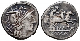 Pinarius. Pinarius Natta. Denarius. 149 BC. Rome. (Ffc-965). (Craw-208/1). (Cal-1092). Anv.: Head of Roma right, X behind. Rev.: Victory in biga right...