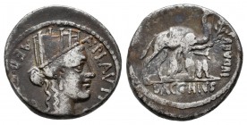 Plautius. A. Plautius. Denarius. 55 BC. Rome. (Ffc-1002). (Craw-431/1). (Cal-1130). Anv.: Turreted head of Cybele right, A. PLAVTIVS. before, AED. CVR...