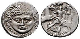 Plautius. L. Plautius Plancus. Denarius. 47 BC. Rome. (Ffc-1006). (Craw-453/1c). (Cal-1133). Anv.: Mask of Medusa, facing, hair dishevelled, L. PLAVTI...