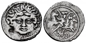 Plautius. L. Plautius Plancus. Denarius. 47 BC. Rome. (Ffc-1006). (Craw-453/1c). (Cal-1133). Anv.: Mask of Medusa, facing, hair dishevelled, L. PLAVTI...