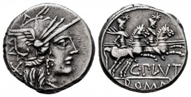 Plutius. C. Plutius. Denarius. 121 BC. Auxiliary mint of Rome. (Ffc-1009). (Craw-278/1). (Cal-1136). Anv.: Head of Roma right, X behind. Rev.: The Dio...