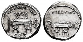 Pompeius. Q. Pompeius Rufus. Denarius. 54 BC. Rome. (Ffc-1025). (Craw-434/2). (Cal-1152). Anv.: Q. POMPEI. Q. F. / RVFVS., above curule chair between ...