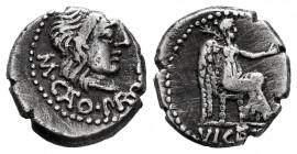 Porcius. M. Porcius Cato. Quinarius. 47-46 a.C. Africa. (Craw-462/2). (Rsc-Porcia 11). Anv.: Head of Liber right, wearing ivy wreath; M•CATO•PRO•(PR) ...