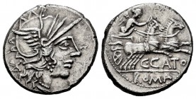 Porcius. C. Porcius Cato. Denarius. 123 BC. Auxiliary mint of Rome. (Ffc-1050). (Craw-274/1). (Cal-1196). Anv.: Head of Roma right, X behind. Rev.: Vi...