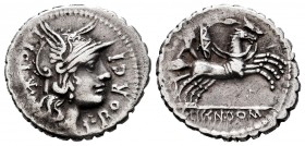 Porcius. Lucius Porcius Licinius. Denarius. 118 BC. Narbo. (Ffc-1054). (Craw-282/5). (Cal-1200). Anv.: L. PORCI. LICI, head of Roma right, X behind. R...