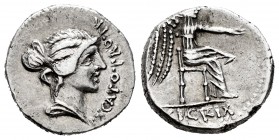 Porcius. M. Porcius Cato. Denarius. 47-46 BC. Africa. (Ffc-1060). (Craw-462/1c). (Cal-1205). Anv.: Female bust draped right, M. CATO. PRO. PR. before....