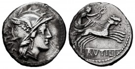 Rutilius. L. Rutilius FlADcus. Denarius. 77 BC. Rome. (Ffc-1095). (Craw-387/1). (Cal-1237). Anv.: Head of Roma right, wearing winged helmet, with viso...