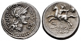 Sergius. M. Sergius Silus. Denarius. 116-115 BC. Norte de Italia. (Ffc-1111). (Craw-286/1). (Cal-1271). Anv.: Head of Roma right, EX. S.C. before, ROM...