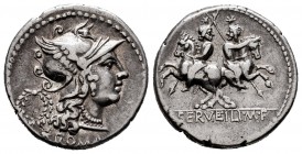 Servilius. C. Serveilius M.f. Augur. Denarius. 136 BC. Central Italy. (Ffc-1116). (Craw-239/1). (Cal-1275). Anv.: Head of Roma right, wreath behind, X...