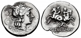 Servilius. C. Serveilius M.f. Augur. Denarius. 136 BC. Central Italy. (Ffc-1116). (Craw-239/1). (Cal-1275). Anv.: Head of Roma right, wreath behind, X...