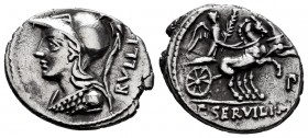 Servilius. P. Servilius M.f. Rullus. Denarius. 100 BC. Norte de Italia. (Ffc-1118). (Craw-328/1). (Cal-1277). Anv.: Bust of Minerva Ieft, wearing cres...