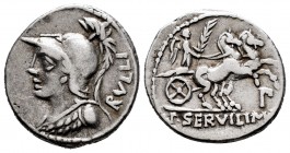 Servilius. P. Servilius M.f. Rullus. Denarius. 100 BC. Norte de Italia. (Ffc-1118). (Craw-328/1). (Cal-1277). Anv.: Bust of Minerva Ieft, wearing cres...