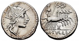 Tullius. M. Tullius. Denarius. 120 BC. Rome. (Ffc-1162). (Craw-280/1). (Cal-1317). Anv.: Head of Roma right, ROMA behind. Rev.: Victory in quadriga ri...