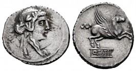 Titius. Q. Titius. Denarius. 90 BC. Central Italy. (Ffc-1143). (Craw-341/2). (Cal-1302). Anv.: Head of young Bacchus right, wearing ivy-wreath. Rev.: ...