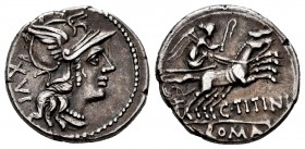 Titinius. C. Titinius Gadaeus. Denarius. 141 BC. Rome. (Ffc-1144). (Craw-226/1). (Cal-1303). Anv.: Head of Roma right, XVI behind. Rev.: Victory in bi...