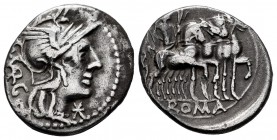 Vargunteius. Marcus Vargunteius. Denarius. 130 BC. Rome. (Ffc-1183). (Craw-357/1). (Cal-1339). Anv.: Head of Roma right, M. VARG., (VAR interlace) beh...