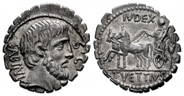 Vettius. T. Vettius Sabinus. Denarius. 70 BC. (Ffc-1185). (Craw-404/1). (Cal-1343). Anv.: Bearded head of Tatius right, TA., (monogram), under chin, S...