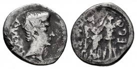 Augustus. Quinarius. 27 BC. Emerita (Mérida). (Ric-221). (Abh-982). Rev.: Victory right in front of trophy, around P CARISI LEG. Ag. 1,78 g. Almost VF...