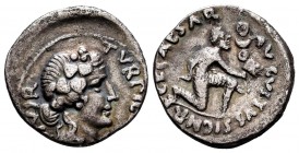 Augustus. P. Petronius Turpilianus. Denarius. 19 BC. Rome. (Ffc-306). (Ric-287). (Cal-1077). Anv.: TVRPILIANVS III. VIR., head of Liber or Bacchus rig...