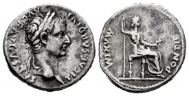 Tiberius. Denarius. 15-18 AD. Lugdunum. (Spink-1732). (Ric-26). (Seaby-16). Rev.: PONTIF MAXIM, female figure seated right with sceptre and branch. Ag...