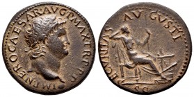 Nero. Dupondius. 67 AD. Lugdunum. (Ric-596). (Bmcre-344). Anv.: IMP NERO CAESAR AVG P MAX TR P P P, laureate head right, globe at point of bust. Rev.:...