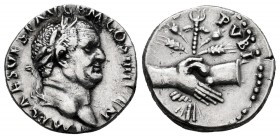Vespasian. Denarius. 69-79 AD. Rome. (Ric-520). Anv.: IMP CAES VESP AVG P M COS IIII CEN, laureate head right. Rev.: (FIDES) PVBL, hands clasped over ...
