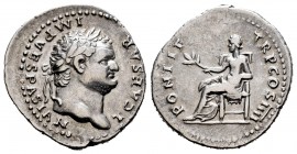 Titus. Denarius. 70-79 AD. Rome. (Ric-783). (Ch-162). Rev.: PONTIF TR P COS IIII. Paz sentada a izquierda con rama de olivo. Ag. 3,34 g. Choice VF. Es...