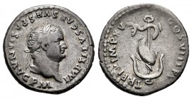 Titus. Denarius. 80 AD. Rome. (Spink-2517). (Ric-26). (Seaby-309). Rev.: TR P IX IMP XV COS VIII PP. Dolphin entwined around anchor. Ag. 319,00 g. VF....