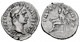 Trajan. Denarius. 100 AD. Rome. (Ric-41). (Woytek-85a). (Rsc-223). Anv.: IMP CAES NERVA TRAIAN AVG GERM, laureate head right. Rev.: P M TR P COS III P...