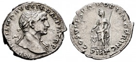 Trajan. Denarius. 103-111 AD. Rome. (Ric-104). (Seaby-199). Rev.: COS V P P S P Q R OPTIMO PRINC, Pietas veiled and draped, dropping incense on altar ...
