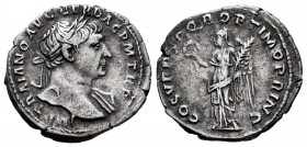 Trajan. Denarius. 103-111 AD. Rome. (Ric-128). (Bmcre-328). Anv.: IMP TRAIANO AVG GER DAC P M TR P, laureate head right, slight drapery on far shoulde...