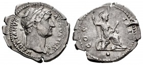 Hadrian. Denarius. 125-128 AD. Rome. (Ric-162). Anv.: HADRIANVS AVGVSTVS, laureate head right. Rev.: COS III, Roma seated right on cuirass and shield,...