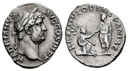 Hadrian. Denarius. 134-138 AD. Rome. (Ric-326). (Rsc-1270a). Anv.: HADRIANVS - AVG COS III P P, Bare head right. Rev.: RESTITVTORI HISPANIAE, Hadrian ...