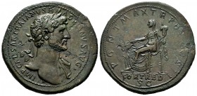 Hadrian. Sestertius. 118 AD. Rome. (Ric-551a). (Ch-756). Anv.: IMP CAESAR TRAIANVS HADRIANVS AVG, bust with a laurel wreath and tunic on the left shou...