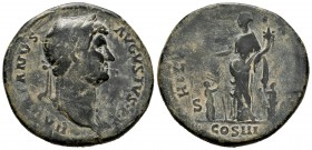Hadrian. Sestertius. 117-138 AD. Rome. (Ric-970c). Rev.: HILARITAS P R / COS III / SC, Hilaritas standing facing, head left, holding long palm branch ...