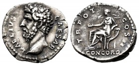 Aelius. Denarius. 137 AD. Rome. (Ric-2626). (Bmcre-984). (Rsc-5). Anv.: L AELIVS CAESAR, bare head to left. Rev.: TR POT COS II, Concordia, seated to ...