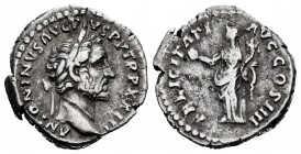 Antoninus Pius. Denarius. 159-160 AD. Rome. (Ric-299). Anv.: ANTONINVS AVG PIVS P P TR P XXIII. Cabeza laureada a derecha. Rev.: FELICITATI AVG COS II...