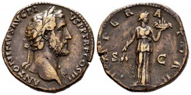 Antoninus Pius. Sestertius. 139 AD. Rome. (Ric-716a). Anv.: ANTONINVS AVG PI[VS P P TR P COS III], laureate head right . Rev.: IMPERATOR II, Fides sta...